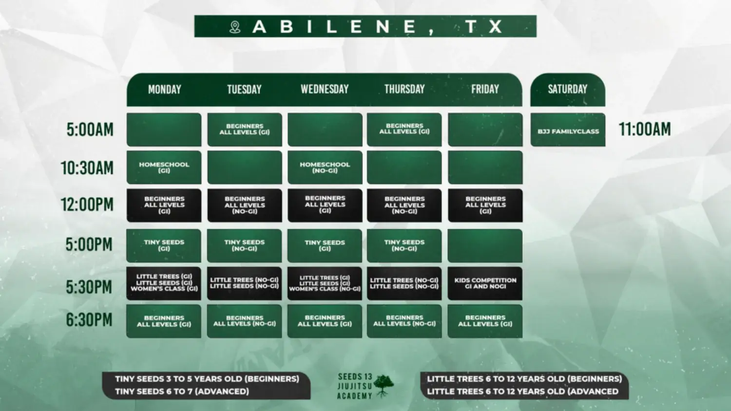 Printable weekly class schedule for Seeds 13 Abilene