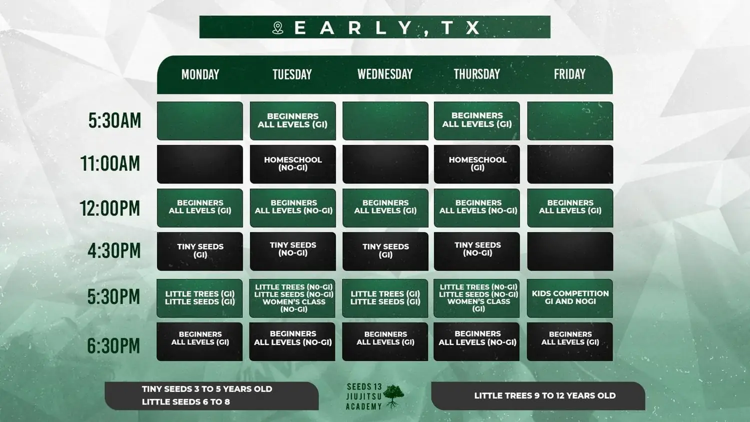 Printable weekly class schedule for Seeds 13 Early