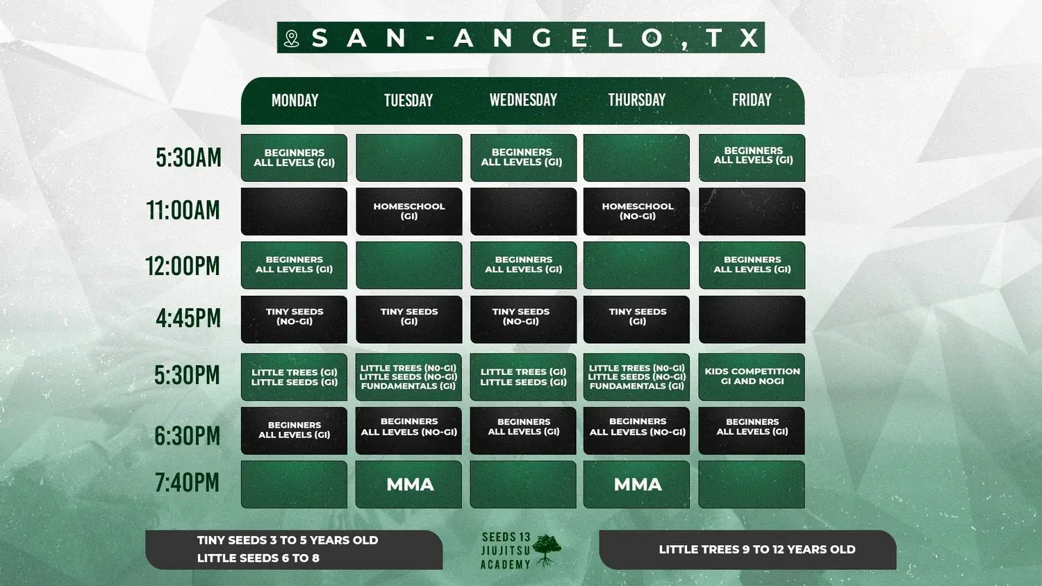 Printable weekly class schedule for Seeds 13 San Angelo