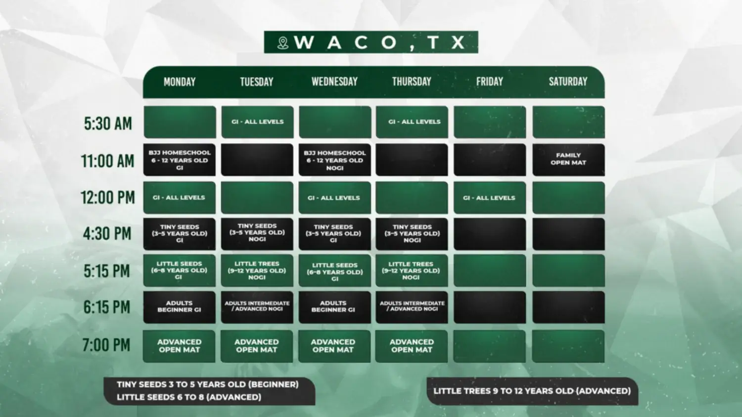 Printable weekly class schedule for Seeds 13 Waco